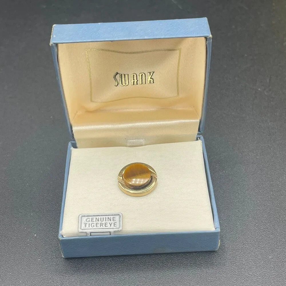 Vintage Swank Tie Tack Genuine Tigereye Gold Tone Round Men's Jewelry In Box